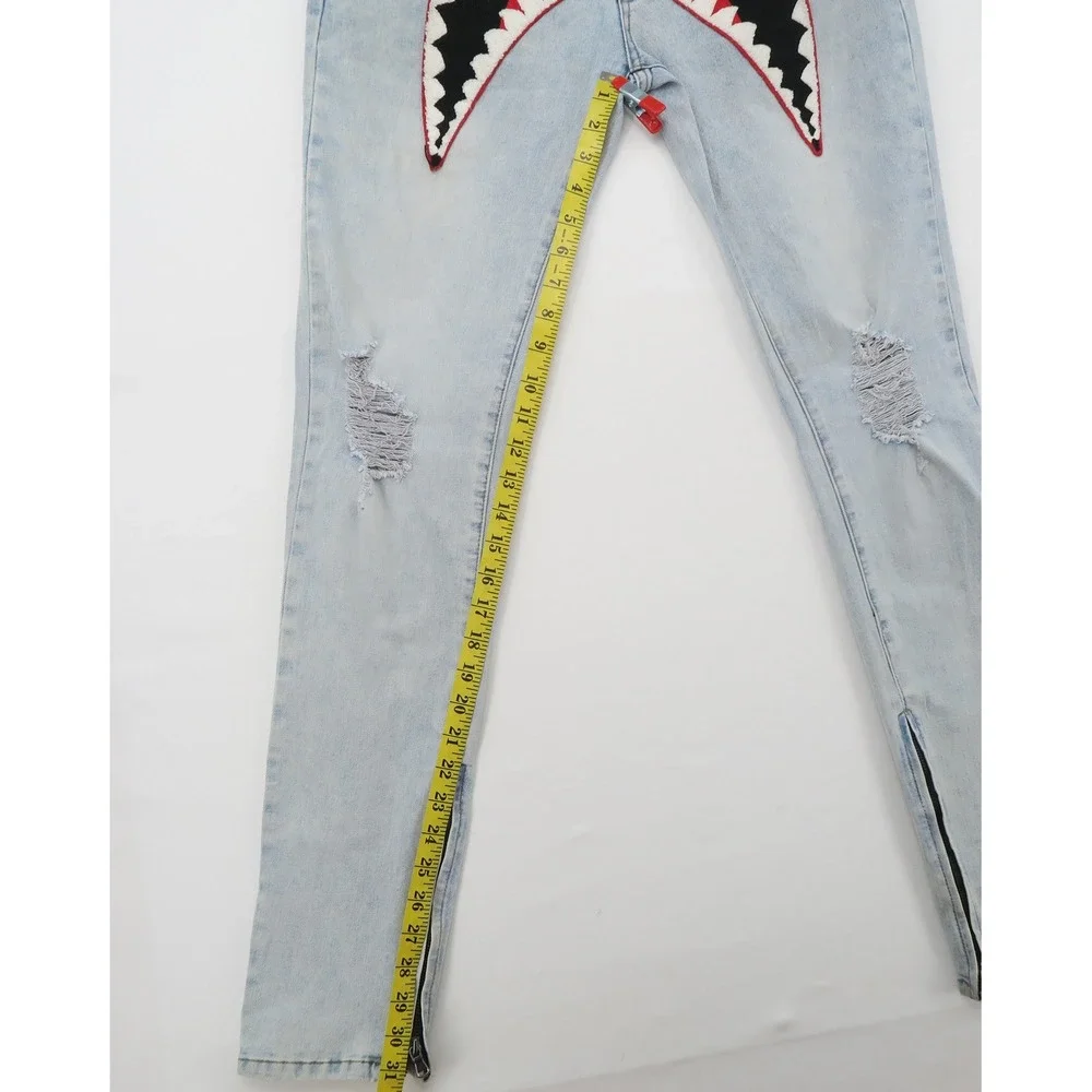 Eternity BC/AD Mens Shark Mouth Patch Distressed Skinny Jeans Light Wash Size 34